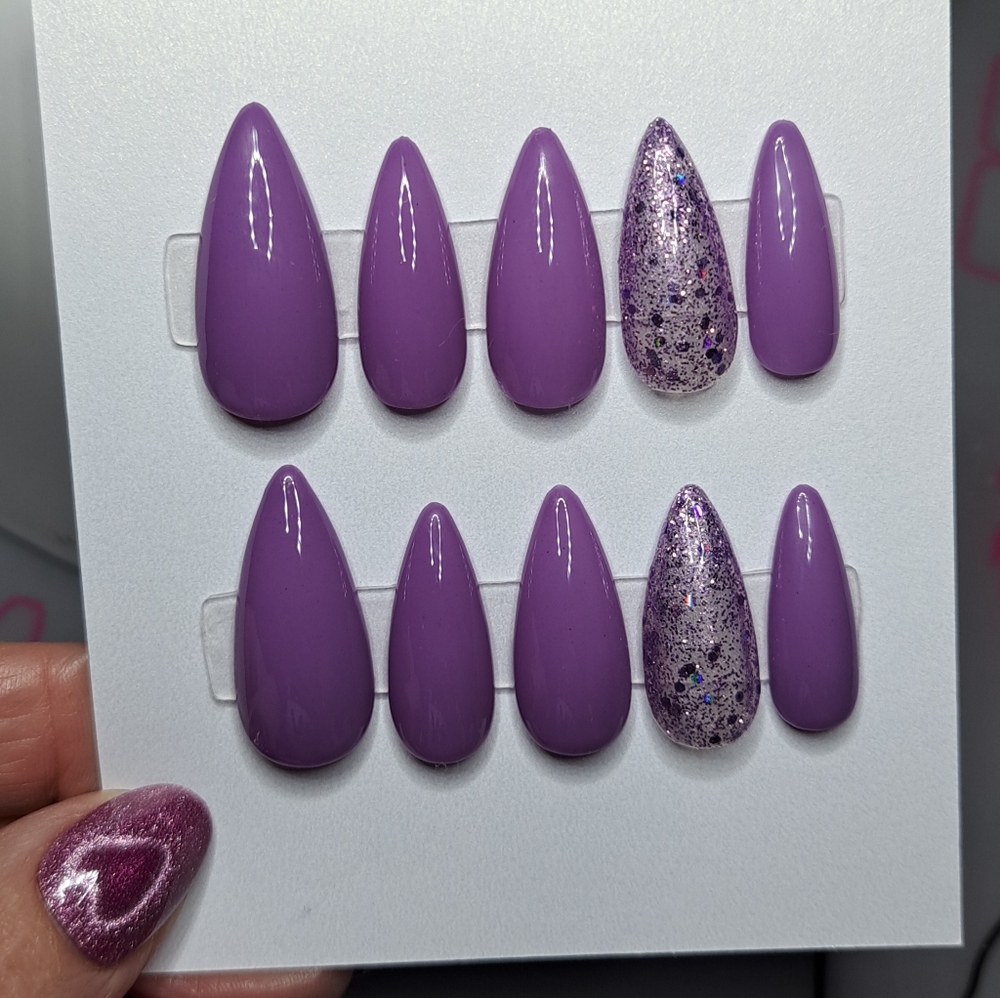 Apres Stiletto Sculpted Medium Length Size Medium Press On Nails Purple Sparkle